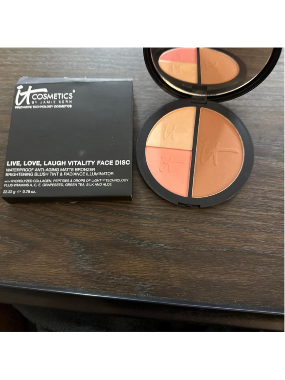 IT Cosmetics Live, Love, Laugh Vitality Face Disc with four shades of blush, bro